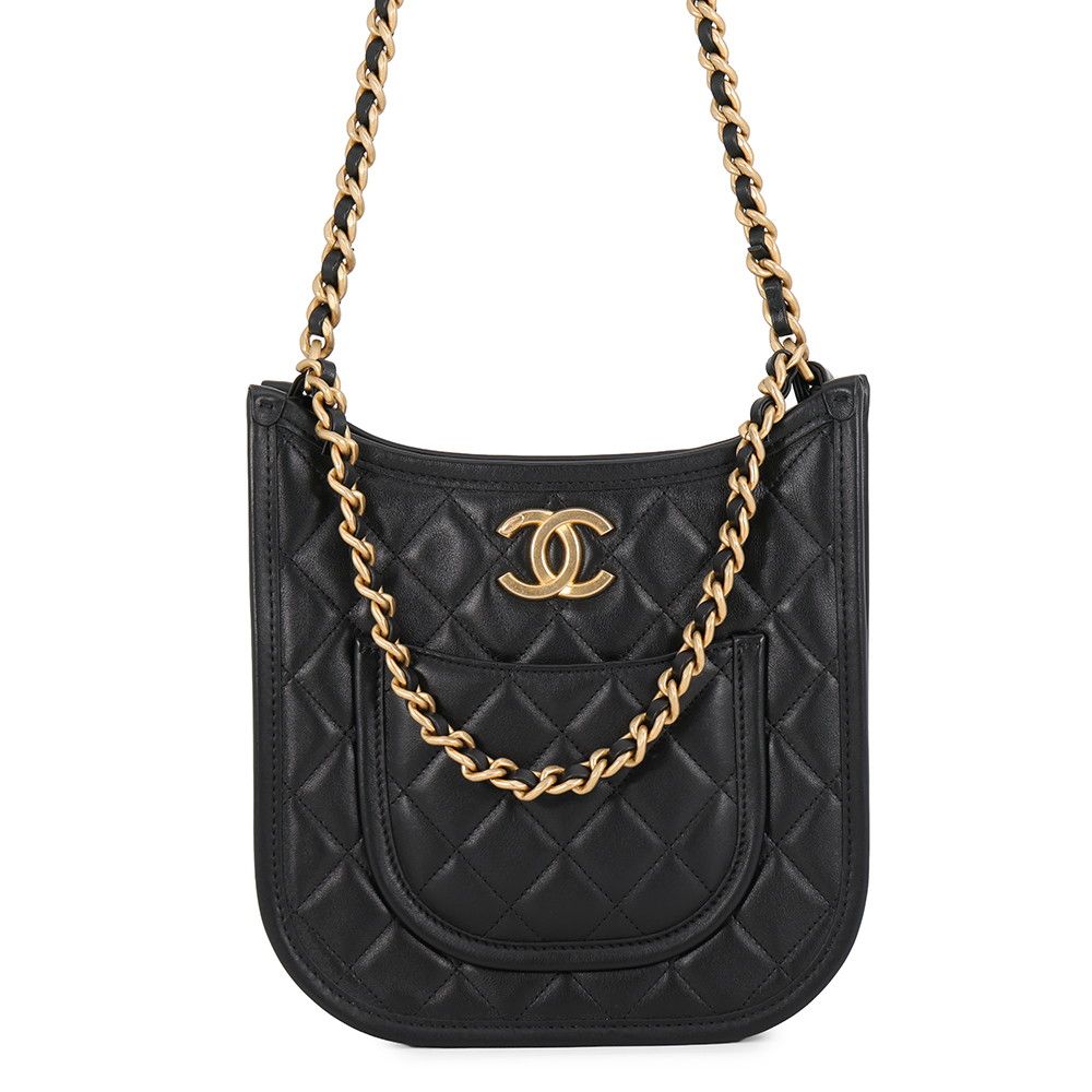 Chanel Chain Shoulder Bag Quilted CC Logo Hobo Lambskin 2-Way Black