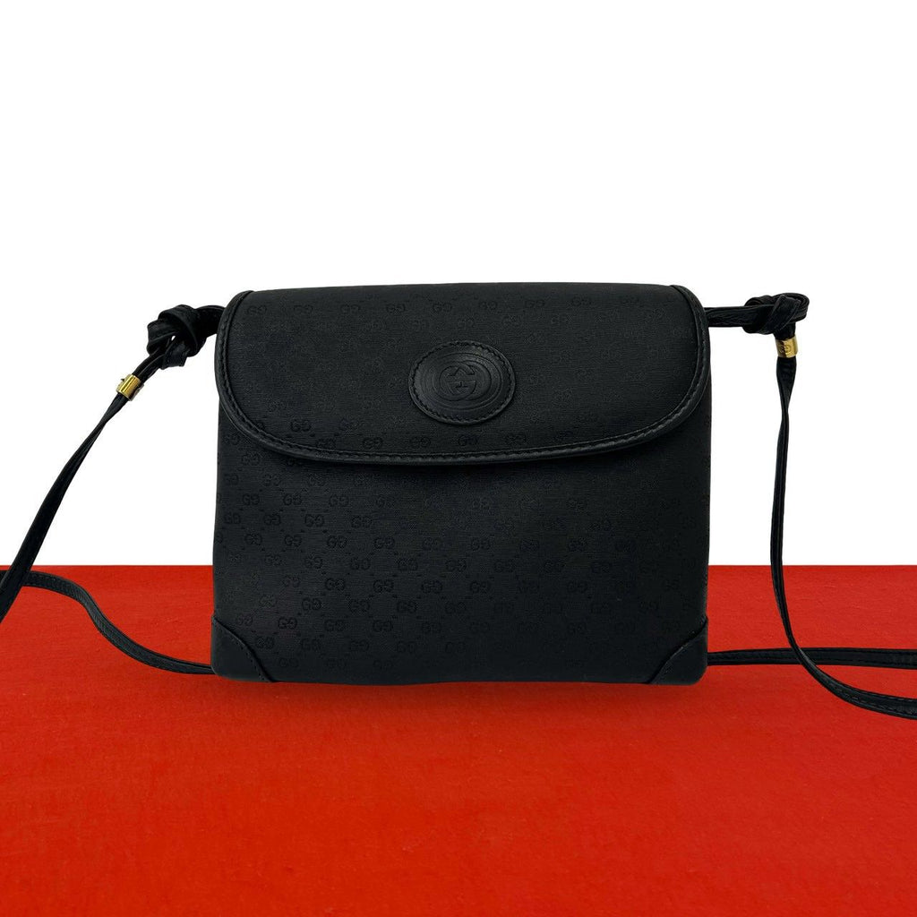 Gucci Vintage Micro GG Logo Leather Shoulder Bag Crossbody Pochette Black