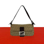 Fendi Vintage Zucchino FF Pattern Canvas Leather Shoulder Bag Beige Brown