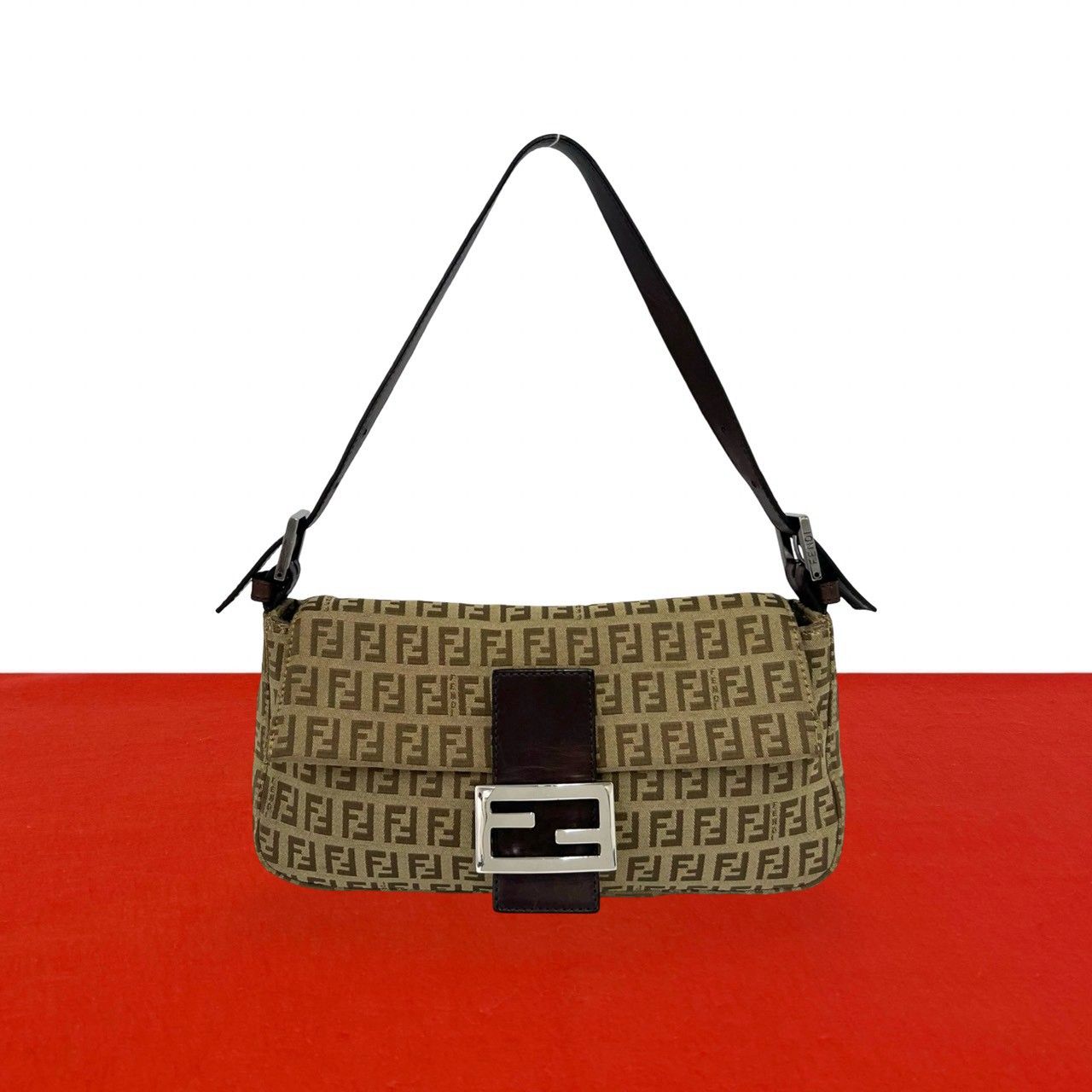 Fendi Vintage Zucchino FF Pattern Canvas Leather Shoulder Bag Beige Brown