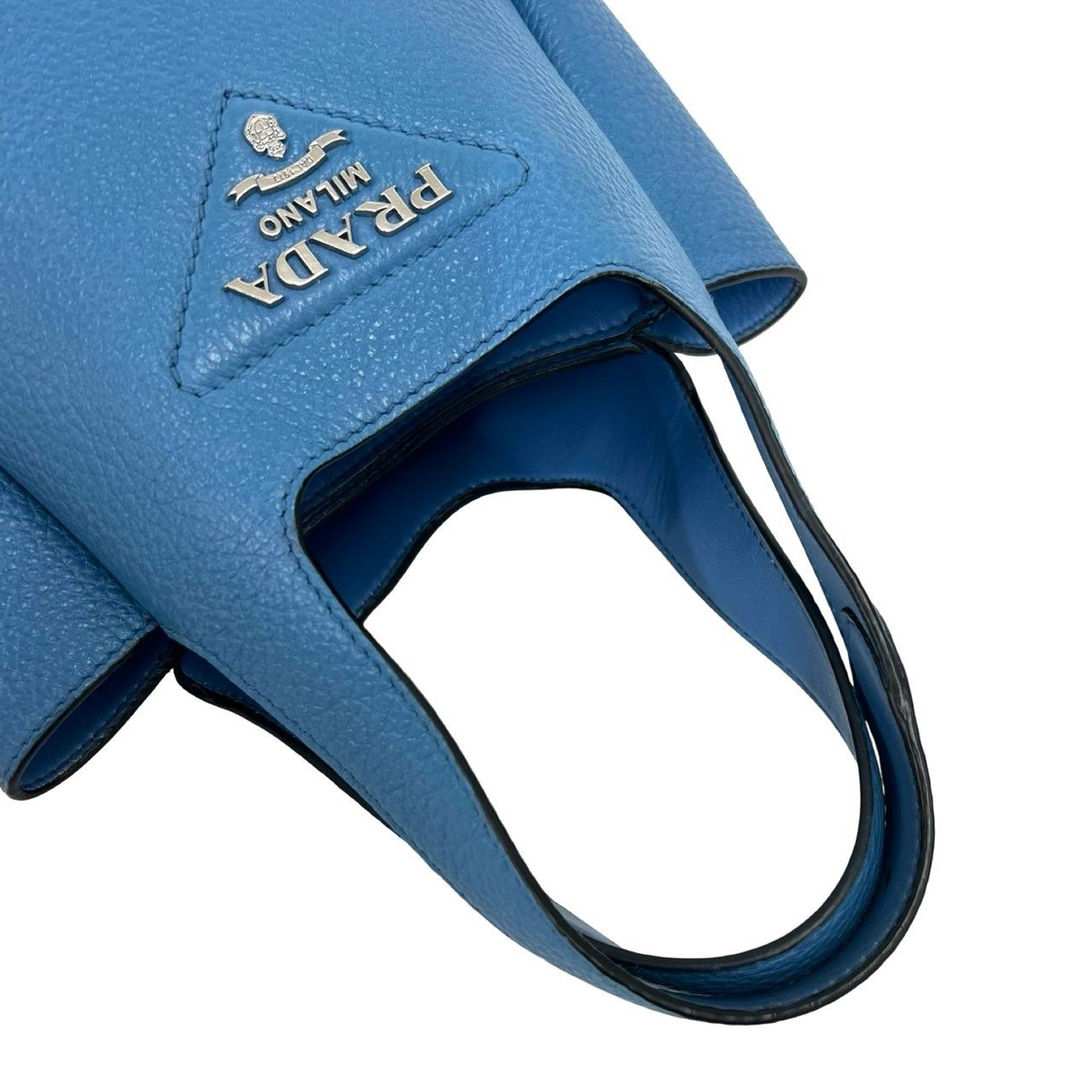 Prada Vitello Daino Triangle Logo Soft Leather Handle Mini Tote Bag Light Blue — view 4