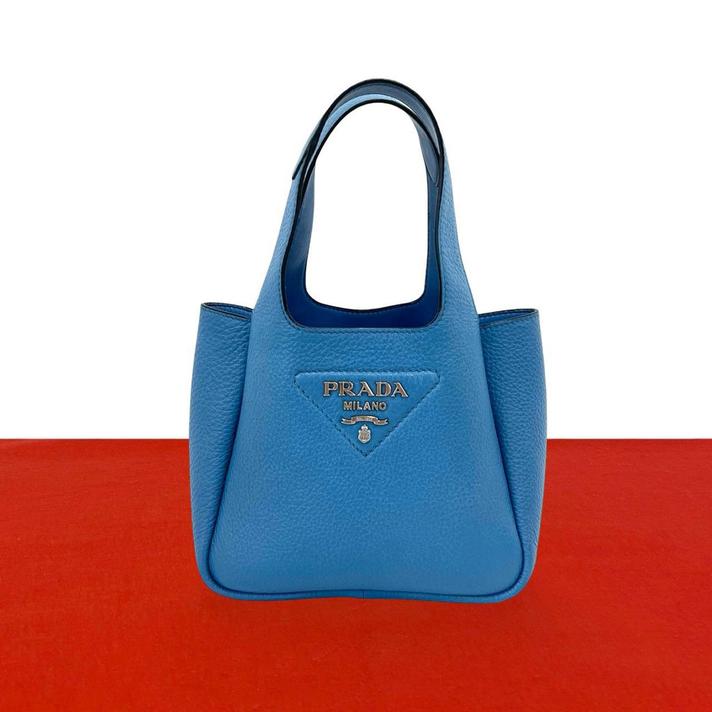 Prada Vitello Daino Triangle Logo Soft Leather Handle Mini Tote Bag Light Blue