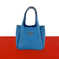 Prada Vitello Daino Triangle Logo Soft Leather Handle Mini Tote Bag Light Blue
