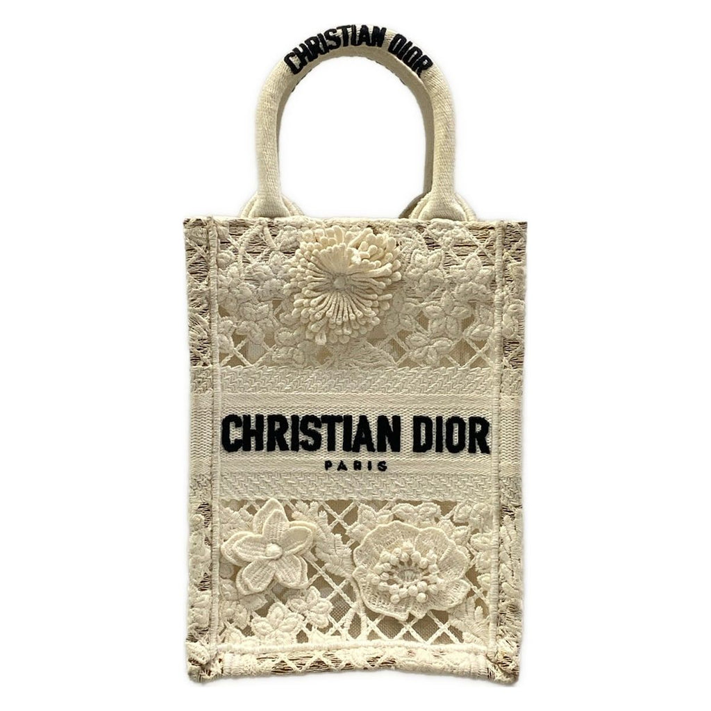 Dior Tote Bag Book Mini Phone White Lace Cotton Leather