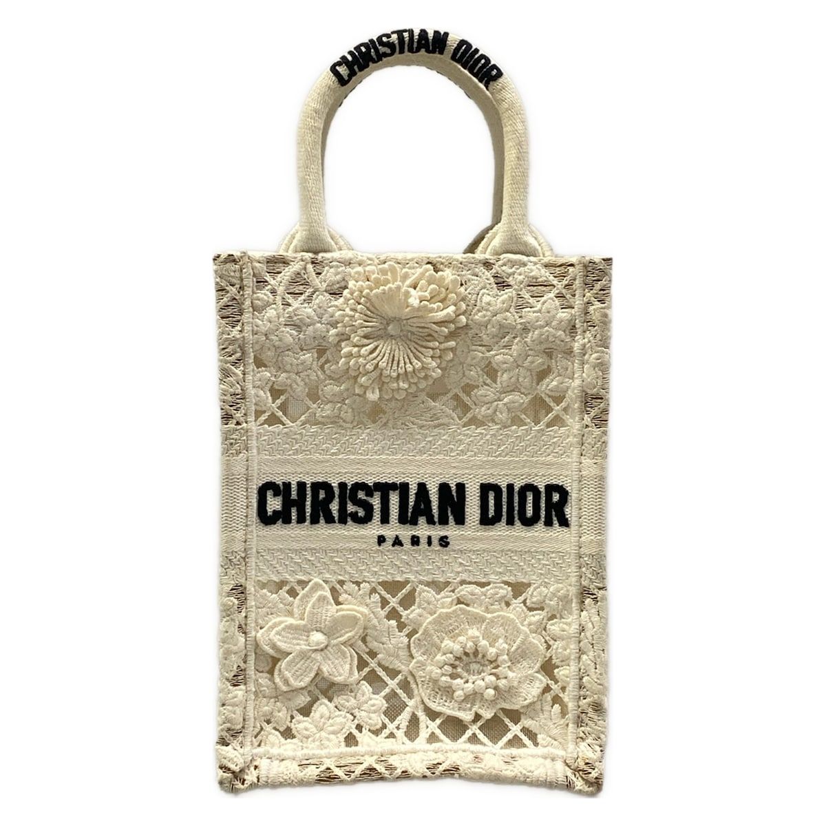 Dior Tote Bag Book Mini Phone White Lace Cotton Leather