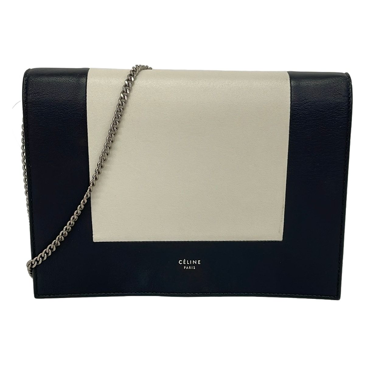 Celine Shoulder Bag Frame Evening Clutch Black Ivory Chain Leather