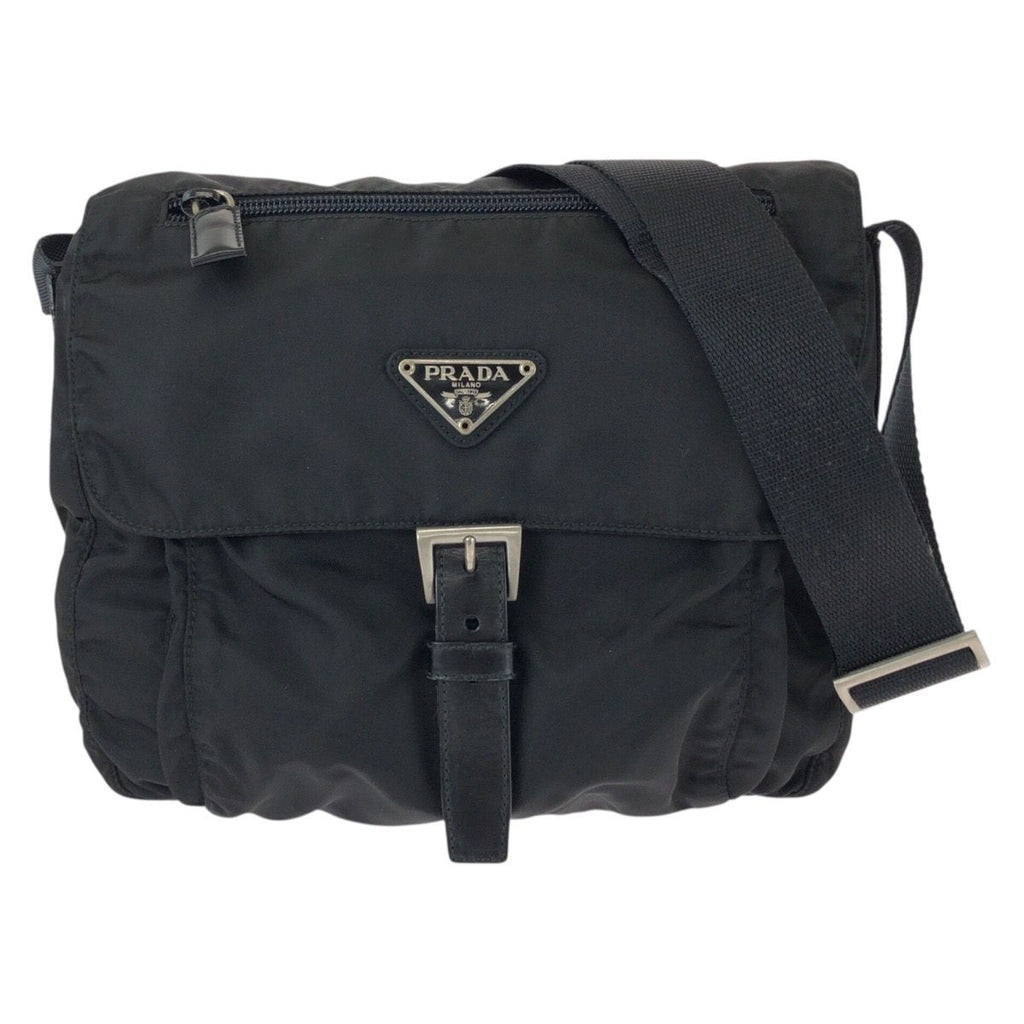 Prada Tessuto Black Silver Nylon Leather Shoulder Bag