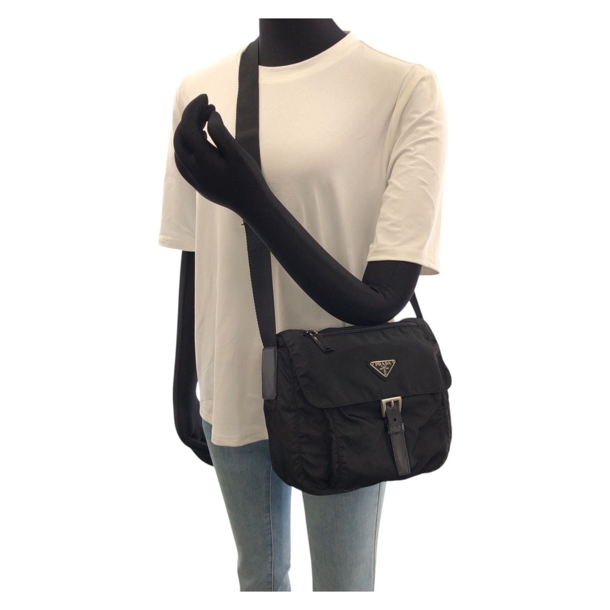Prada Tessuto Black Silver Nylon Leather Shoulder Bag — view 7
