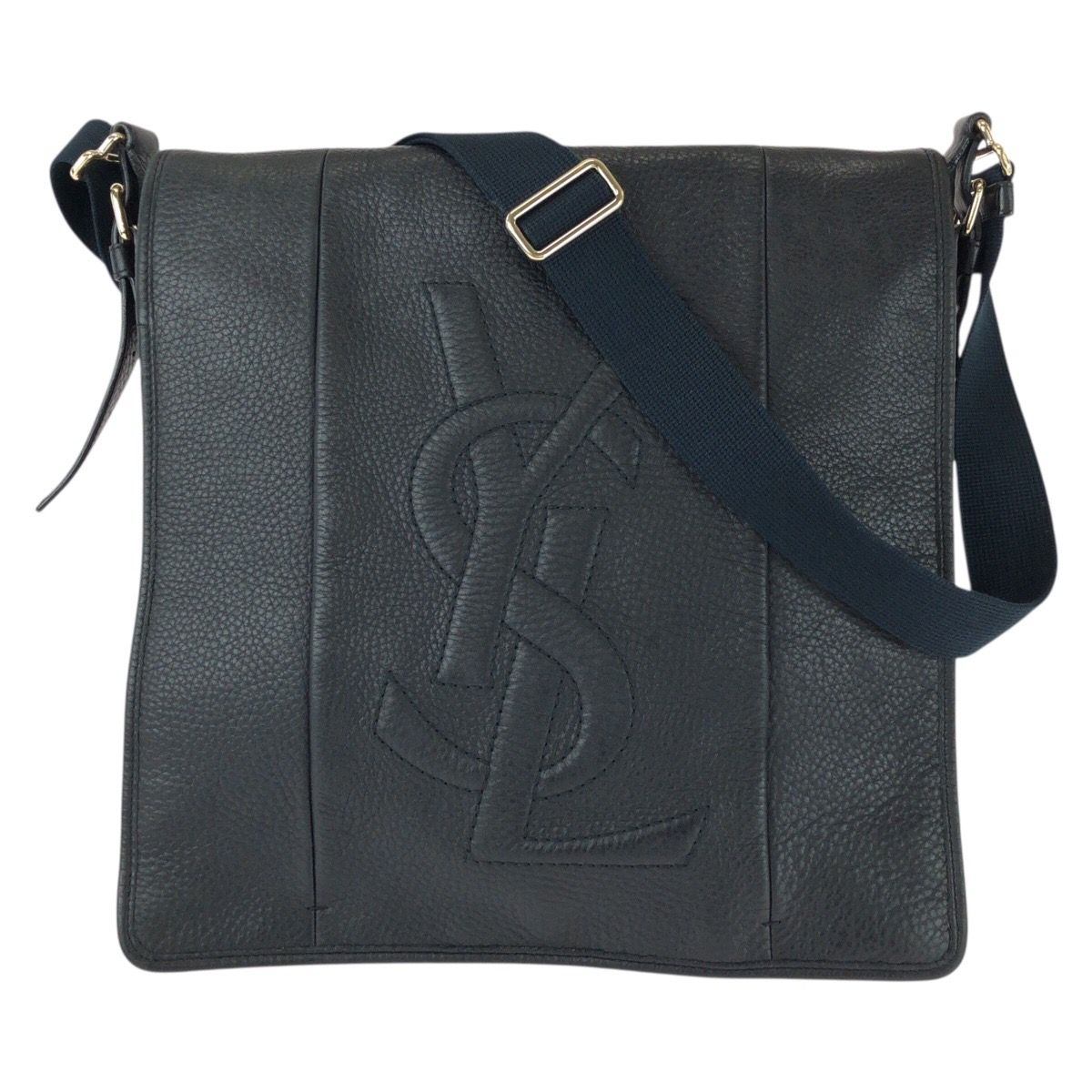 Saint Laurent Vintage YSL Black Navy Gold Leather Shoulder Bag