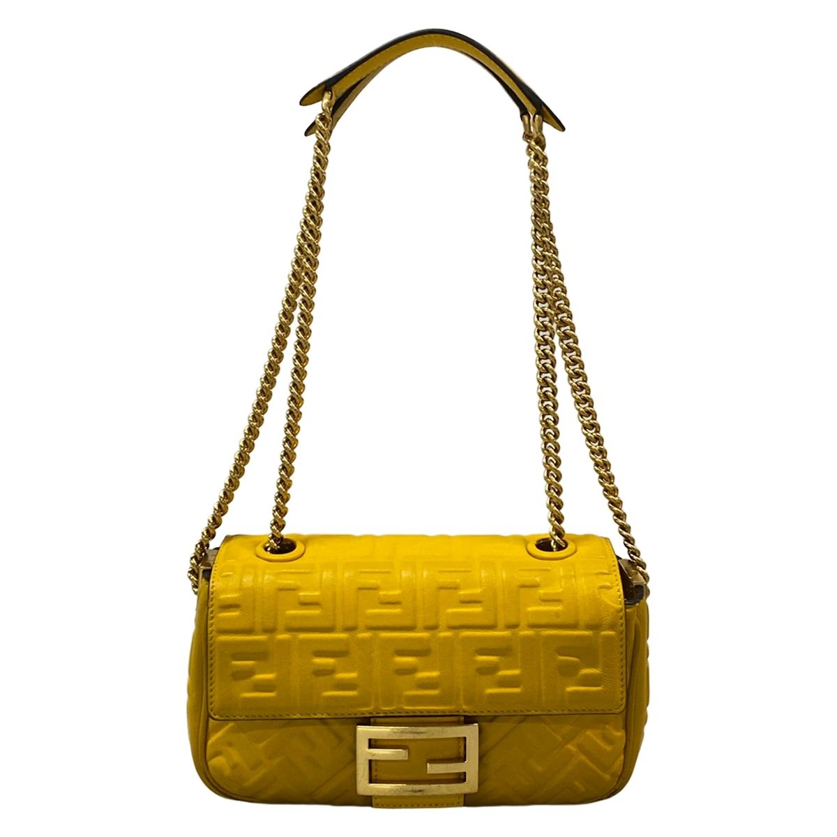 Fendi Shoulder Bag Baguette Chain Midi Dark Yellow Crossbody Leather