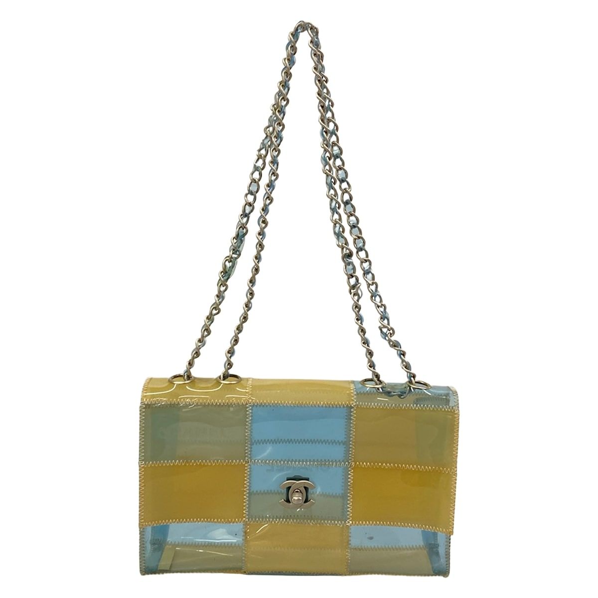 Chanel Shoulder Bag Choedge Coat Clear Beige Light Blue Chain Silver