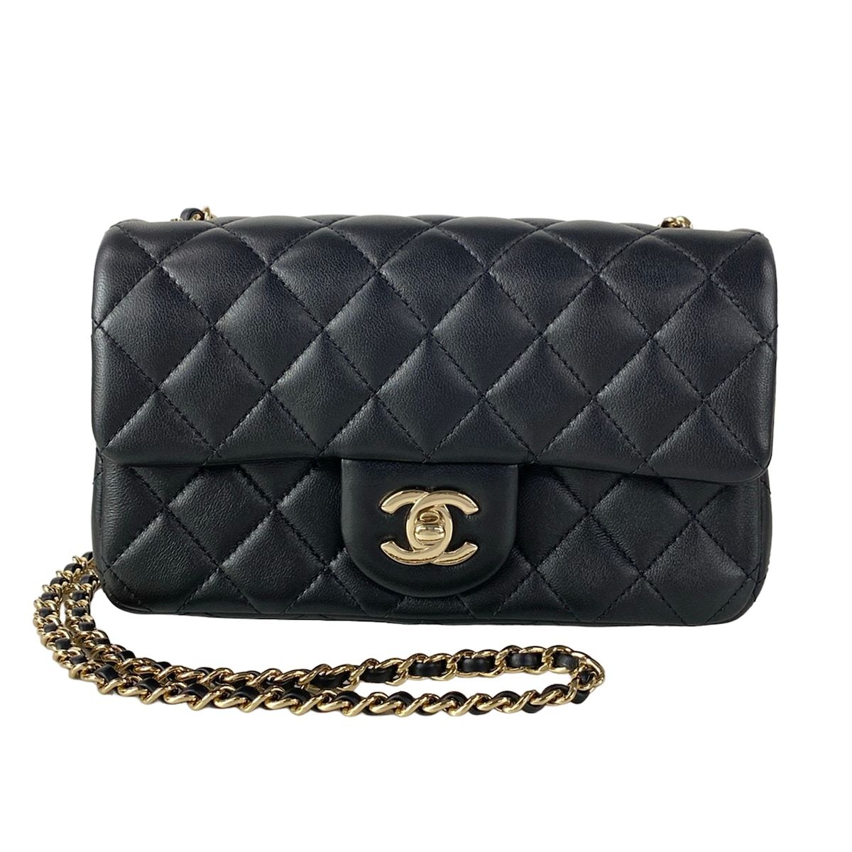Chanel Shoulder Bag Mini Quilted Black Ball Chain Gold Metal Lambskin