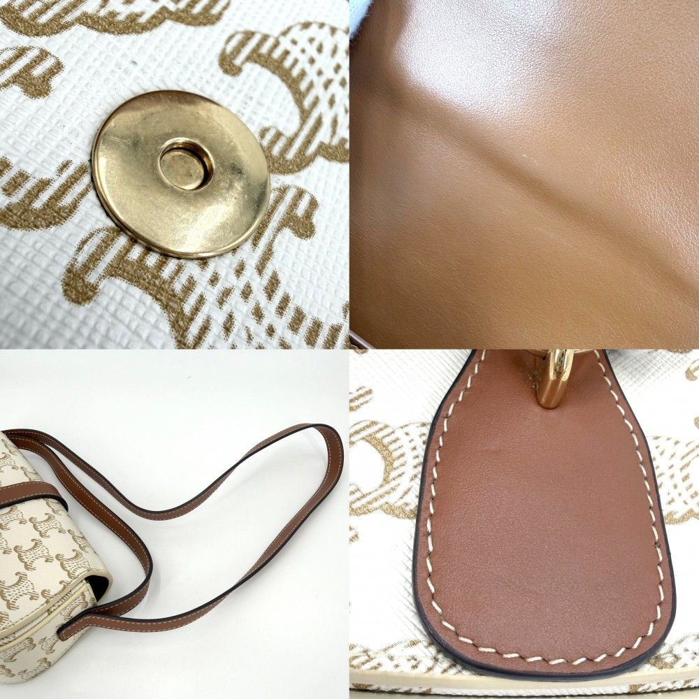 Celine For Shoulder Bag Taboo Triomphe Bag Canvas Leather White Brown Gold — view 6