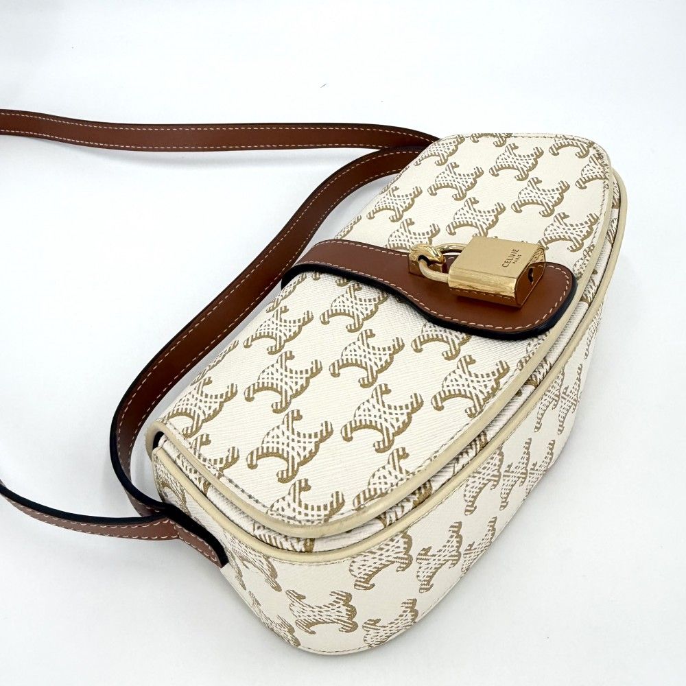 Celine For Shoulder Bag Taboo Triomphe Bag Canvas Leather White Brown Gold — view 3