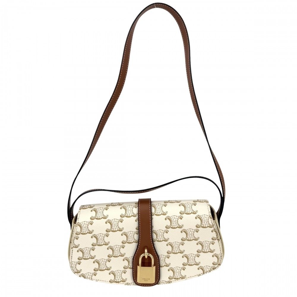 Celine For Shoulder Bag Taboo Triomphe Bag Canvas Leather White Brown Gold