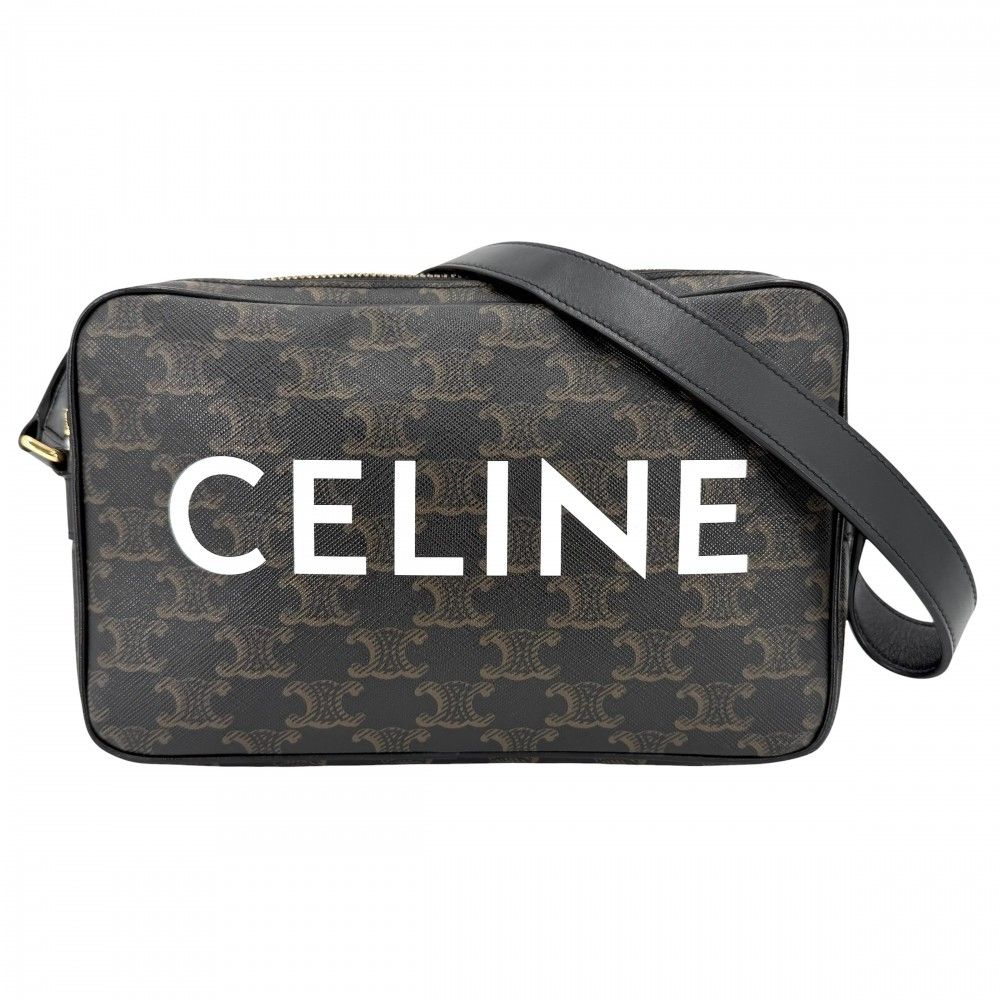 Celine For Shoulder Bag Logo Print Crossbody Triomphe Canvas Calfskin Black