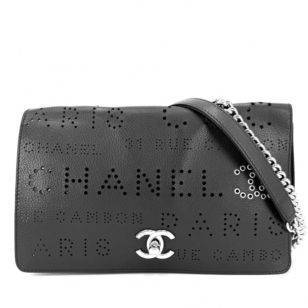 Chanel Shoulder Bag Perforated Logo Crossbody Chain CC Leather Black Silver