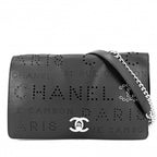 Chanel Shoulder Bag Perforated Logo Crossbody Chain CC Leather Black Silver