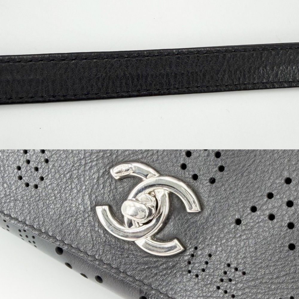 Chanel Shoulder Bag Perforated Logo Crossbody Chain CC Leather Black Silver — view 7