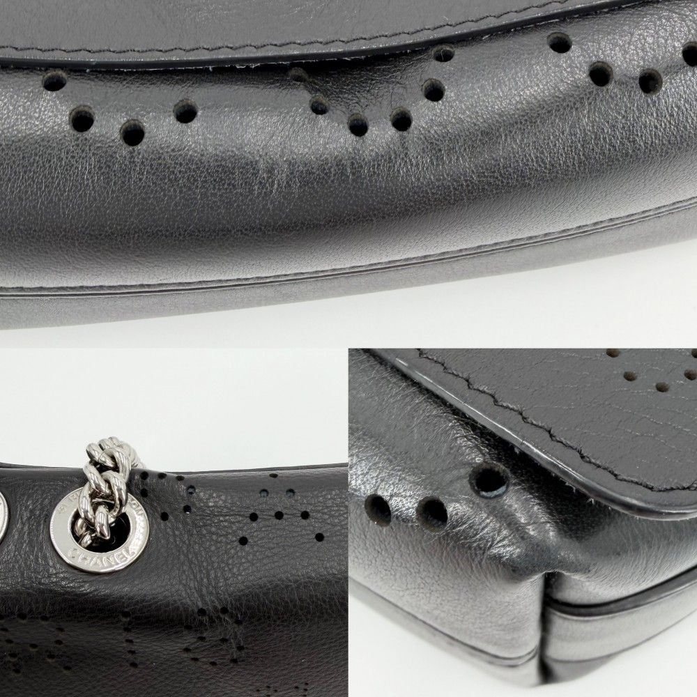Chanel Shoulder Bag Perforated Logo Crossbody Chain CC Leather Black Silver — view 6