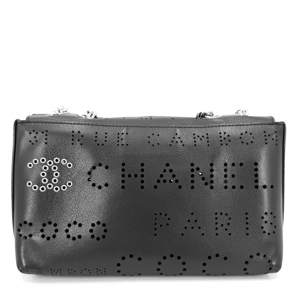 Chanel Shoulder Bag Perforated Logo Crossbody Chain CC Leather Black Silver — view 2