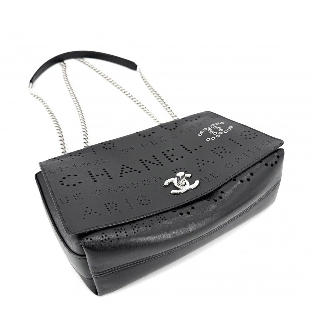 Chanel Shoulder Bag Perforated Logo Crossbody Chain CC Leather Black Silver — view 3