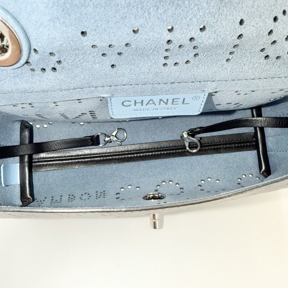 Chanel Shoulder Bag Perforated Logo Crossbody Chain CC Leather Black Silver — view 4
