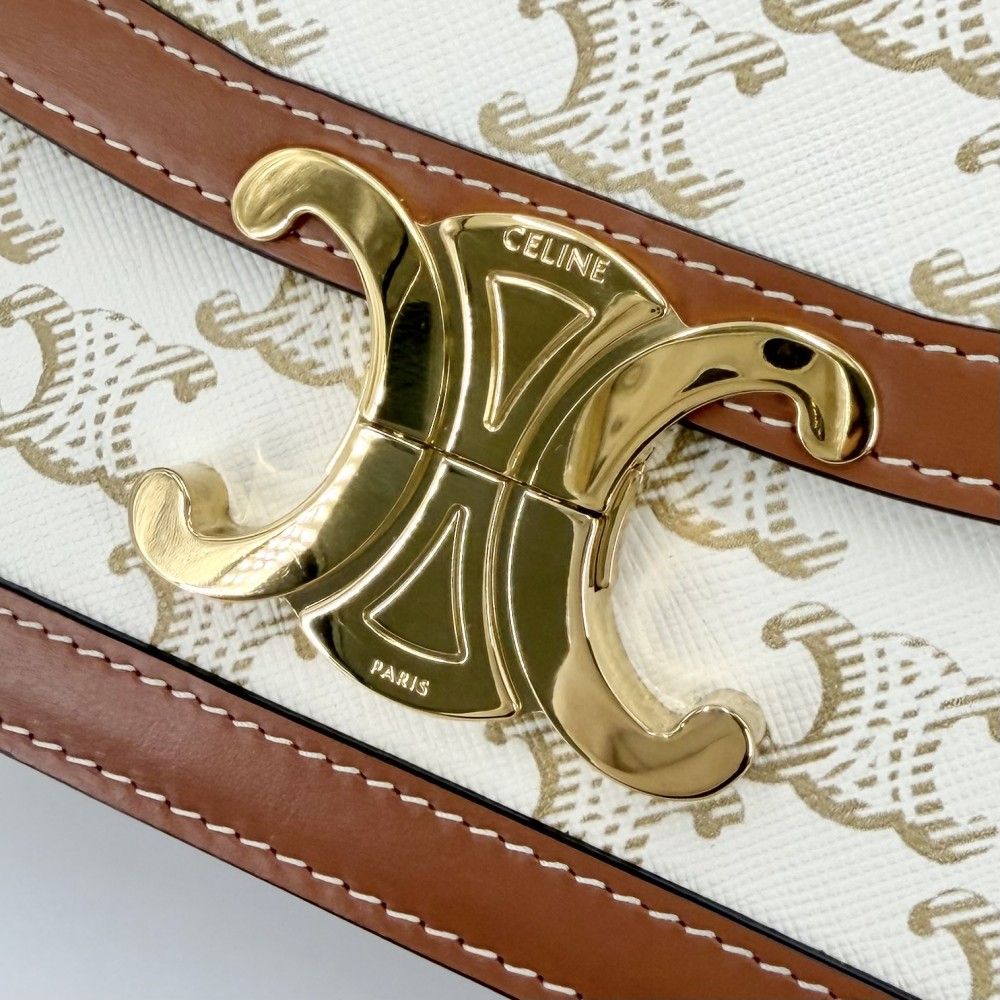 Celine For Shoulder Bag Teen Triomphe Crossbody Canvas Leather White Brown Gold — view 7