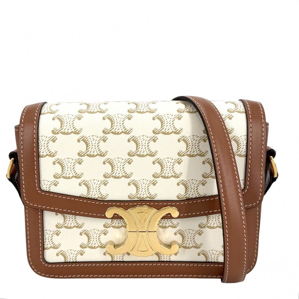 Celine For Shoulder Bag Teen Triomphe Crossbody Canvas Leather White Brown Gold