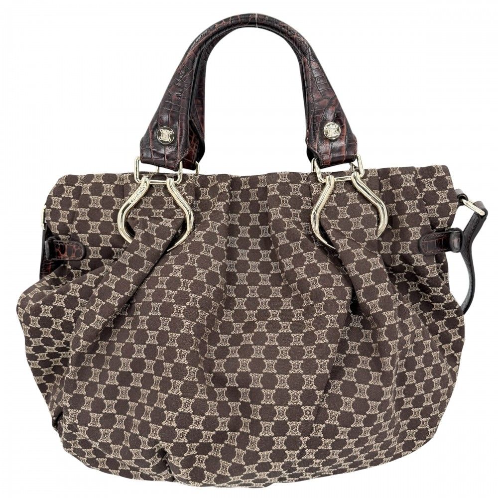 Celine 2-Way Macadam Handbag Shoulder Bag Canvas Leather Brown Gold Vintage — view 2
