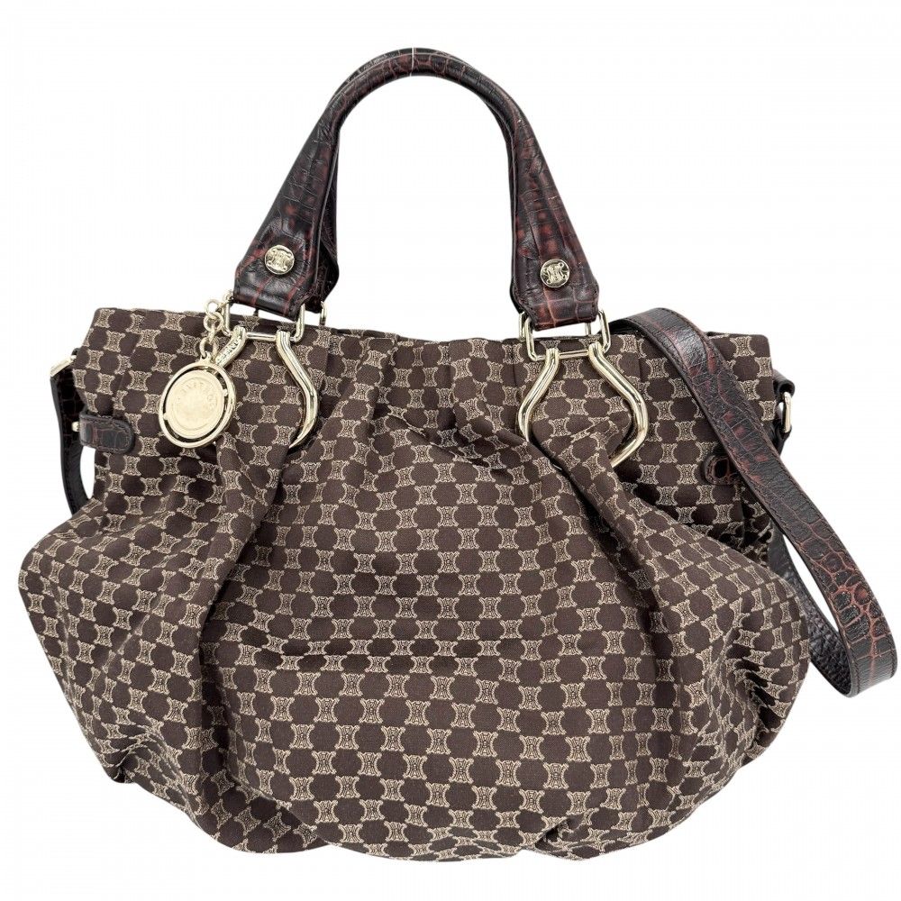 Celine 2-Way Macadam Handbag Shoulder Bag Canvas Leather Brown Gold Vintage