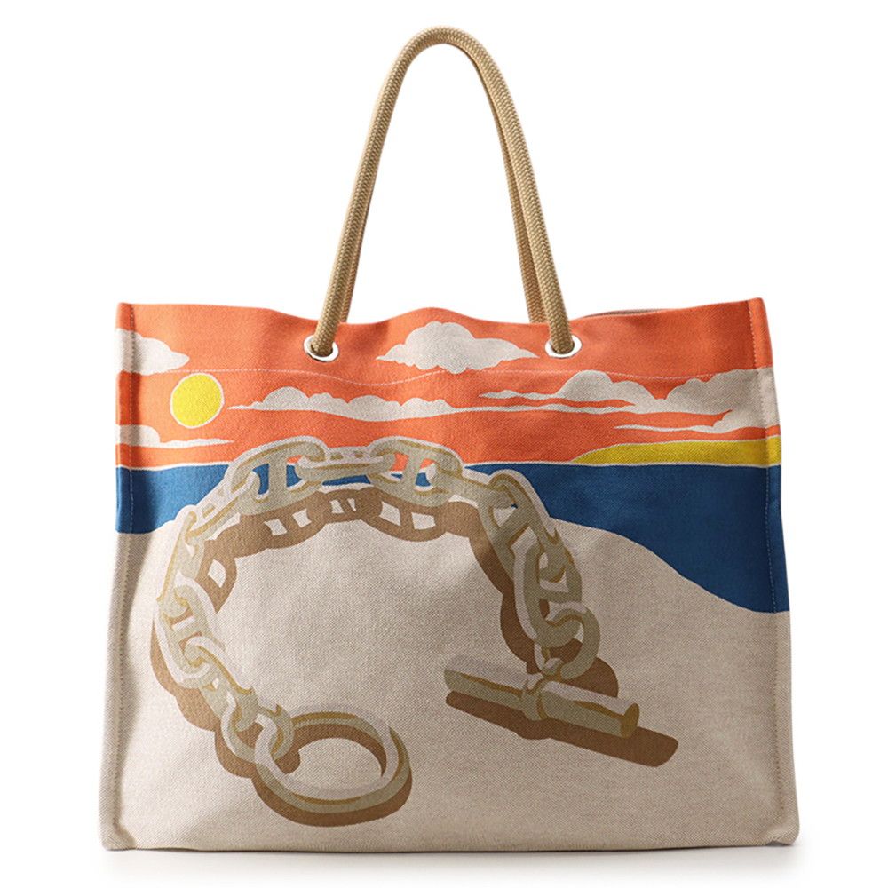 Hermes Tote Bag Escale a la Plage Print Asier Silver Toile Ash Beach