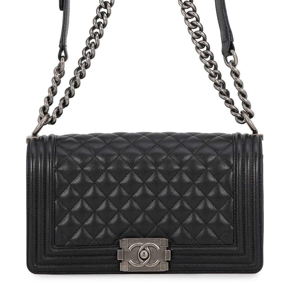 Chanel Chain Shoulder Bag Quilted CC Logo Boy 25 Caviar Leather Black