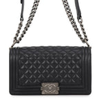Chanel Chain Shoulder Bag Quilted CC Logo Boy 25 Caviar Leather Black