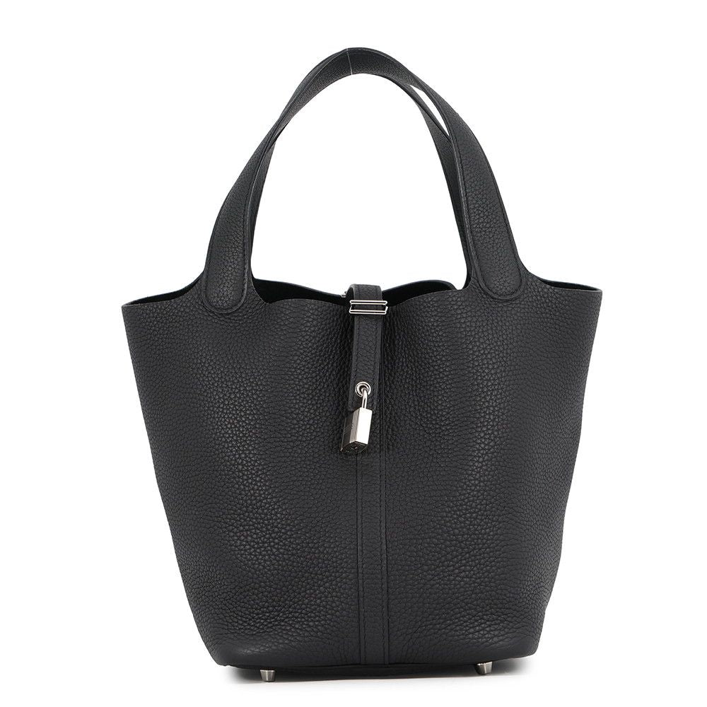 Hermes Picotin Lock MM Black Silver Taurillon Clemence Handbag