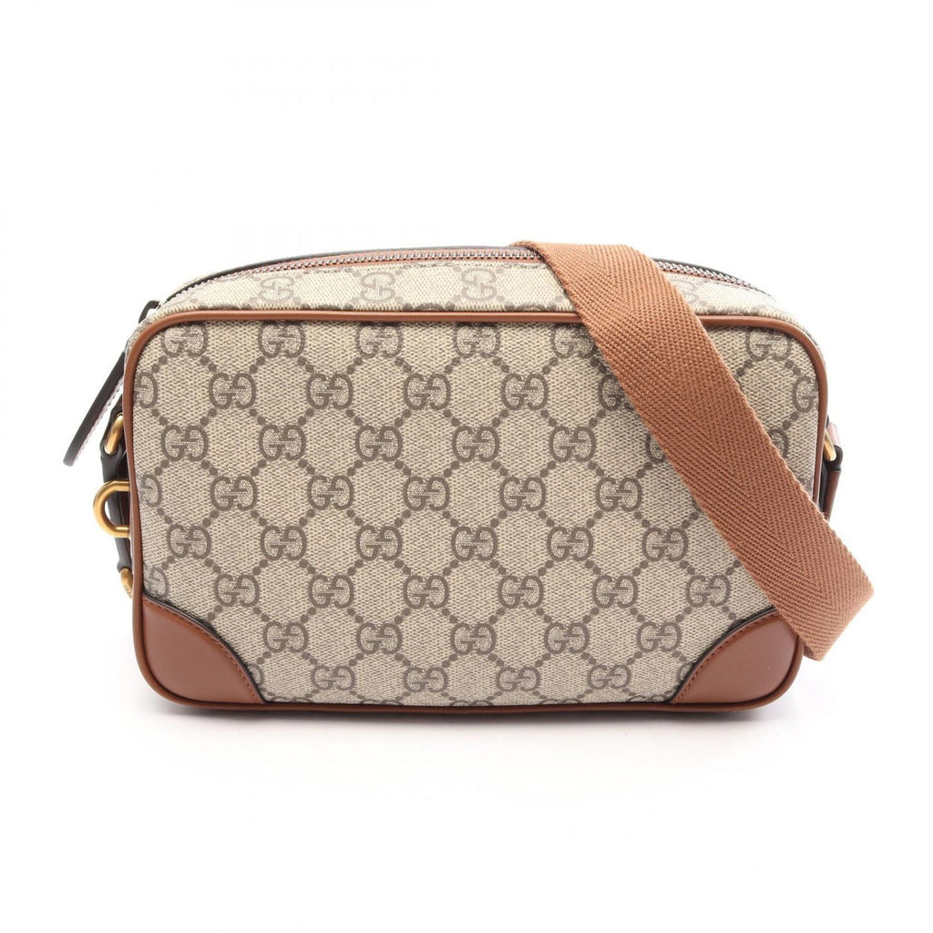 Gucci Shoulder Bag GG Emblem Beige Brown Canvas Leather