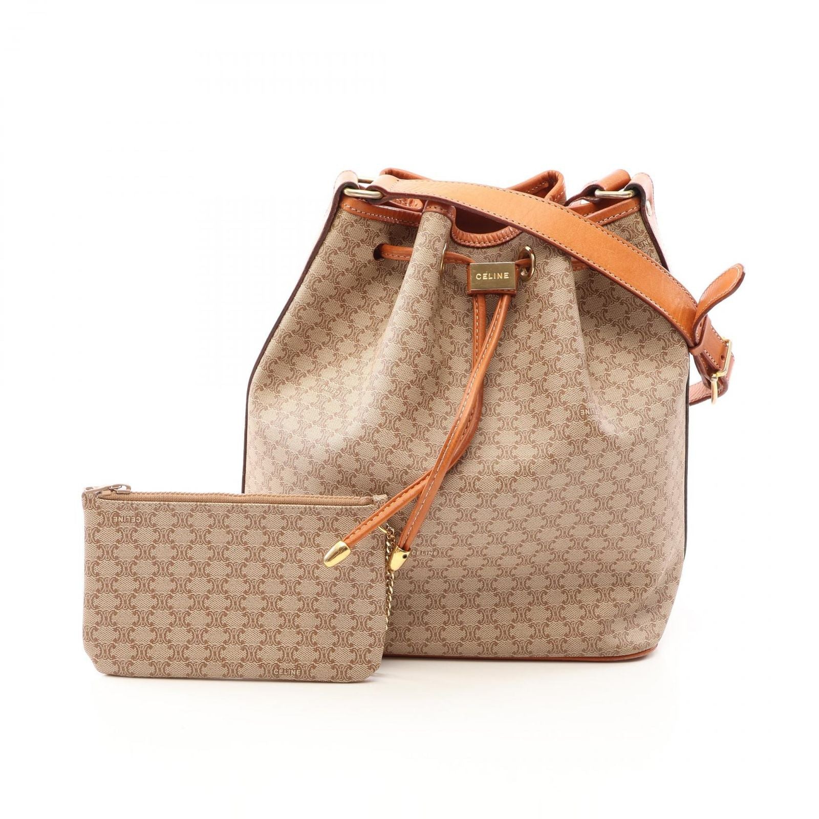 Celine Shoulder Bag Macadam Drawstring Beige Canvas Leather