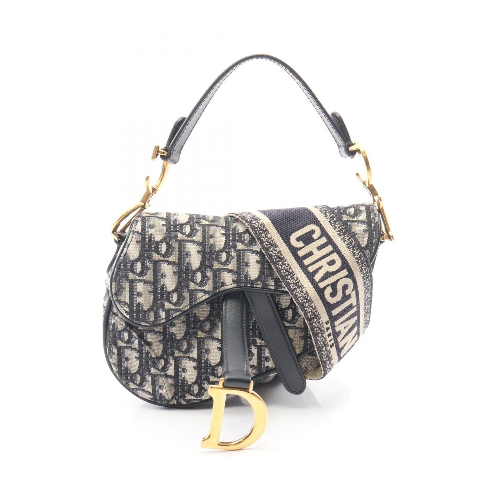 Dior Handbag Saddle Bag Mini Oblique Jacquard 2-Way Ivory Navy Canvas Leather