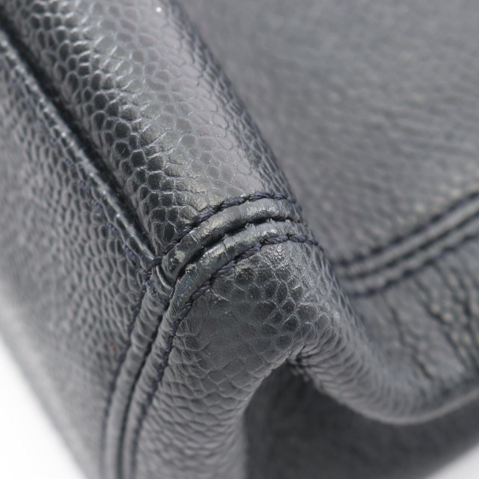 Chanel Logo Embroidery Navy Caviar Leather Chain Tote Bag — view 7
