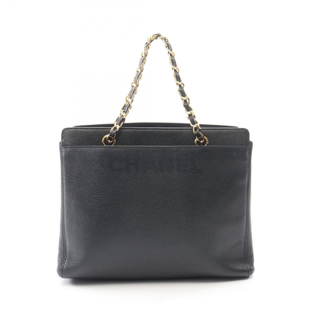 Chanel Logo Embroidery Navy Caviar Leather Chain Tote Bag