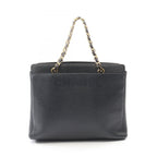 Chanel Logo Embroidery Navy Caviar Leather Chain Tote Bag
