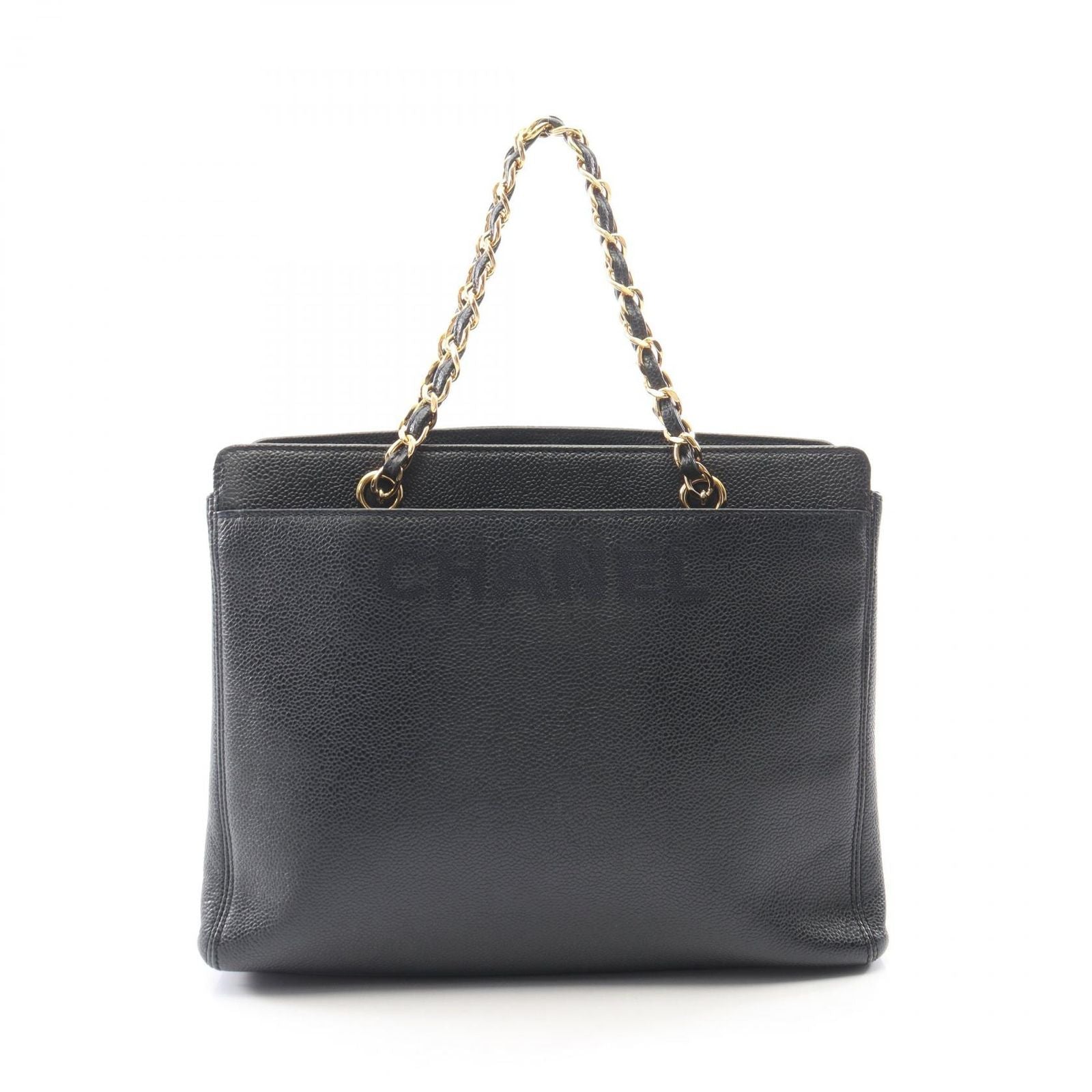 Chanel Logo Embroidery Navy Caviar Leather Chain Tote Bag