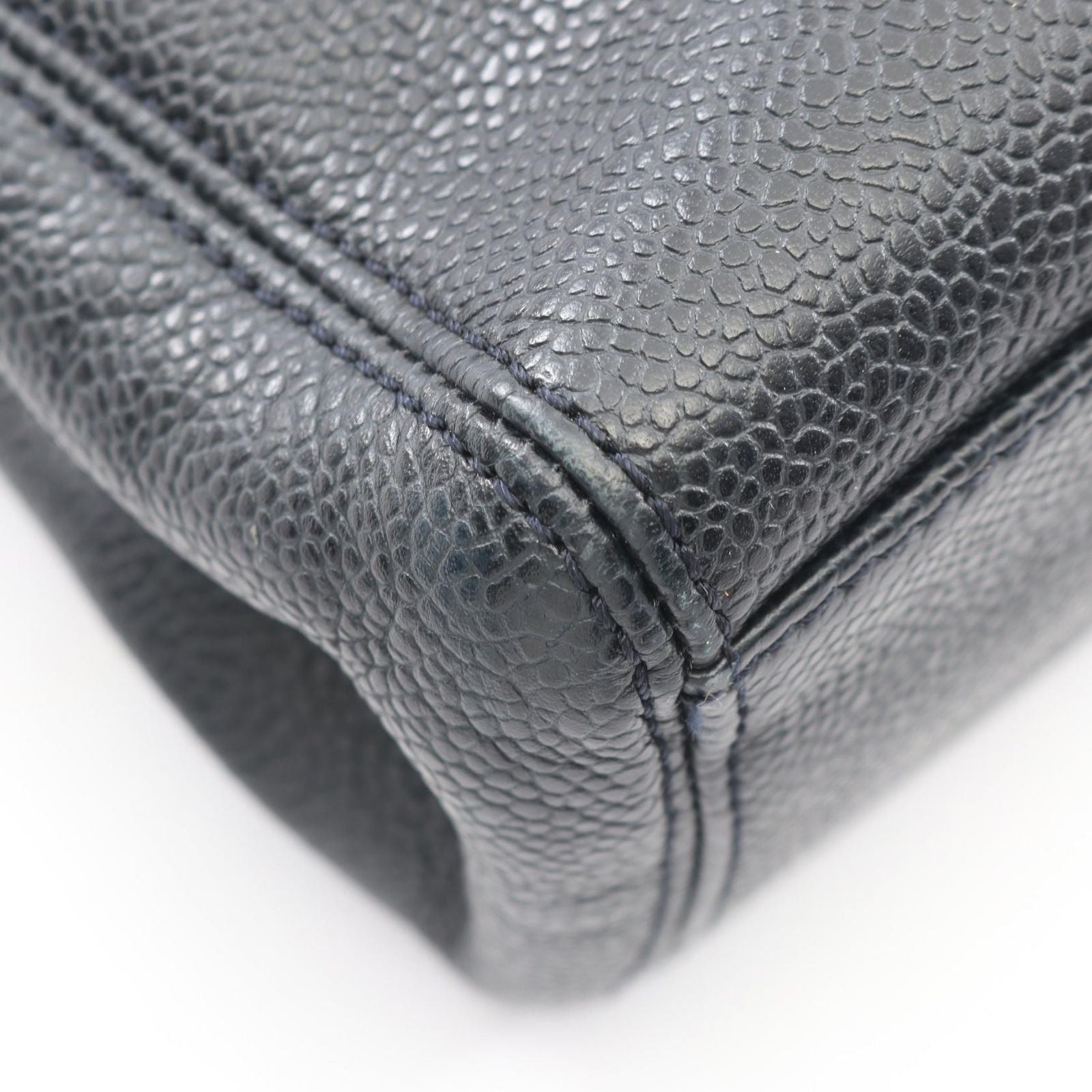 Chanel Logo Embroidery Navy Caviar Leather Chain Tote Bag — view 6