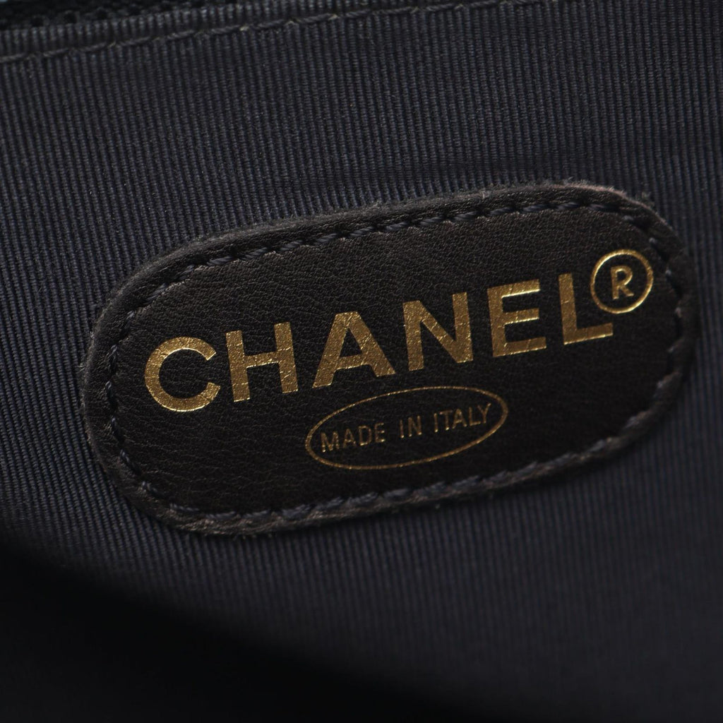 Chanel Logo Embroidery Navy Caviar Leather Chain Tote Bag — view 4