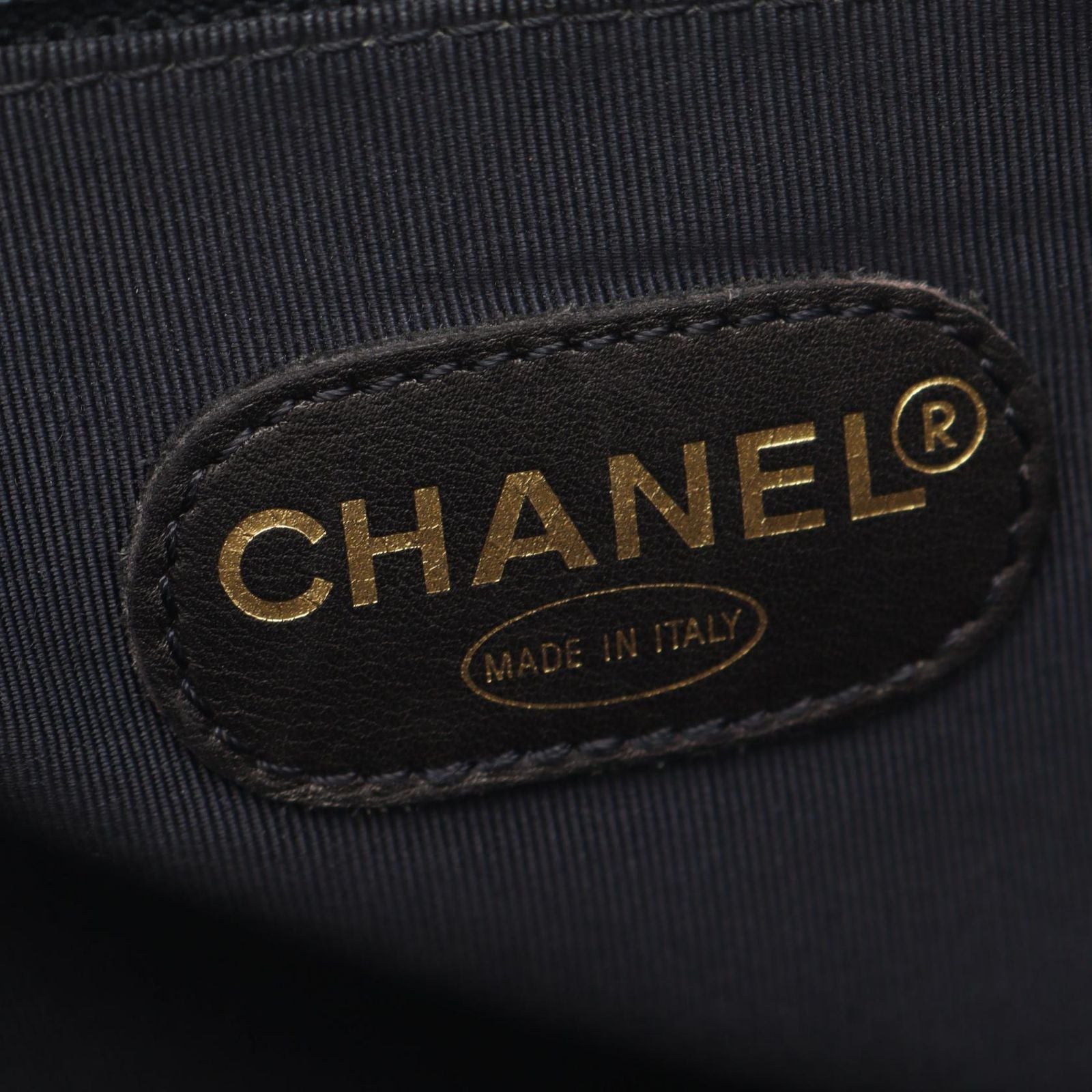Chanel Logo Embroidery Navy Caviar Leather Chain Tote Bag — view 4