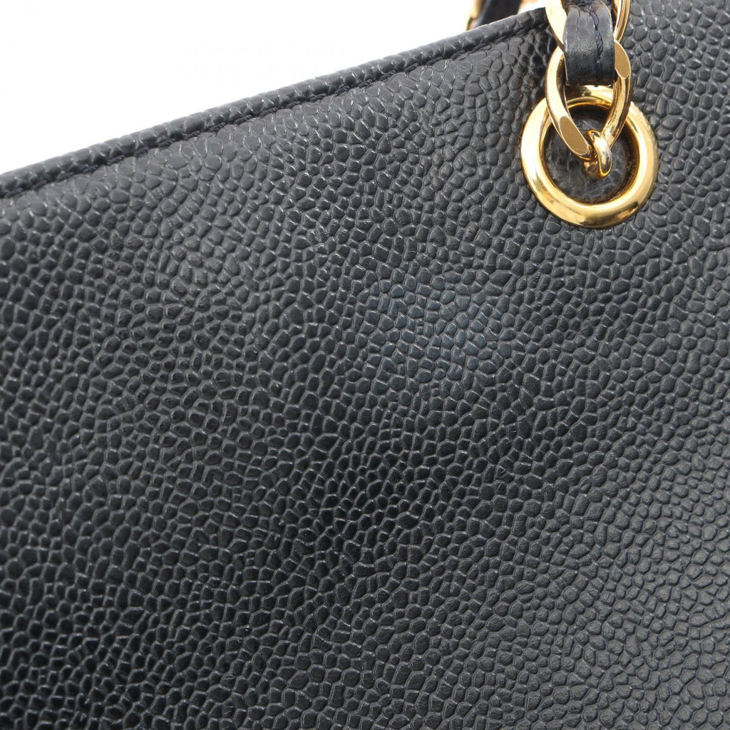 Chanel Logo Embroidery Navy Caviar Leather Chain Tote Bag — view 8