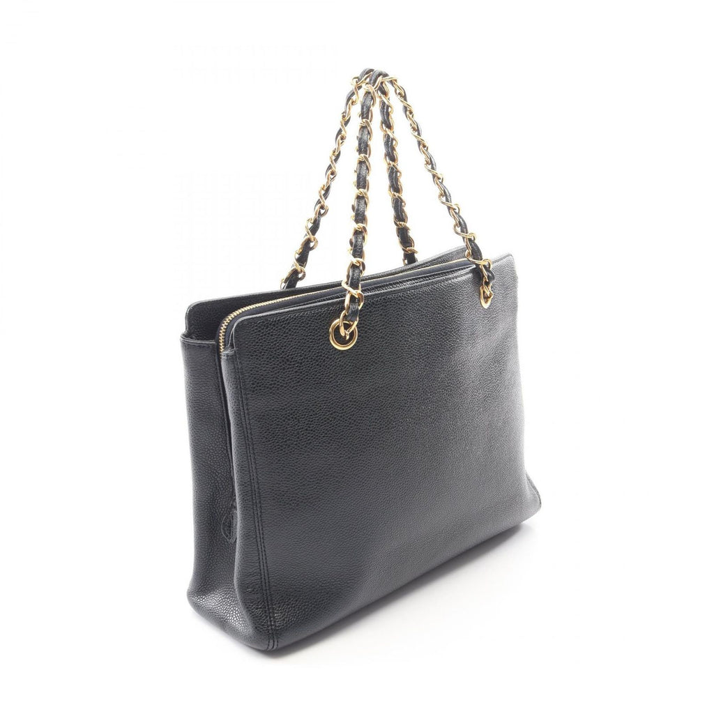 Chanel Logo Embroidery Navy Caviar Leather Chain Tote Bag — view 2