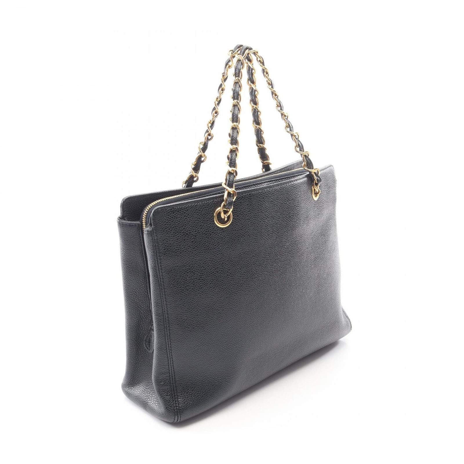 Chanel Logo Embroidery Navy Caviar Leather Chain Tote Bag — view 2