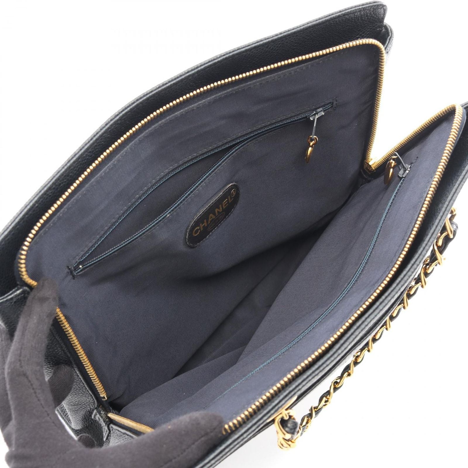 Chanel Logo Embroidery Navy Caviar Leather Chain Tote Bag — view 3