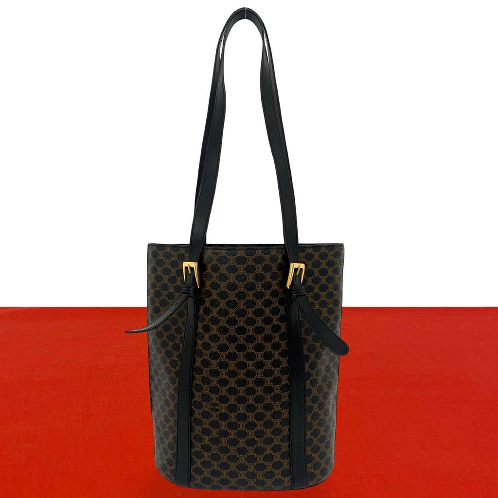 Celine Vintage Macadam Blason Triomphe Pattern Leather Shoulder Bag Tote Brown